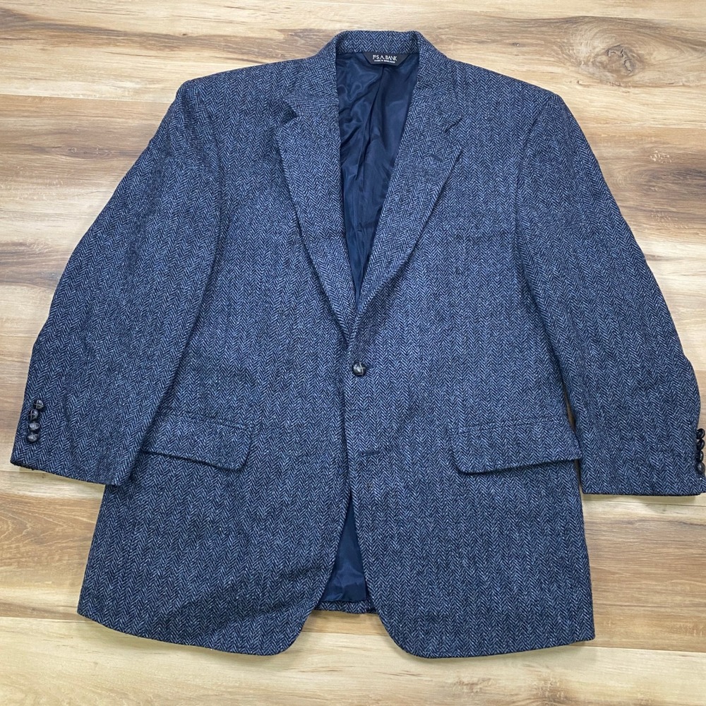 Jos A Bank Sport Coat 44 Harris Tweed Herringbone Wool Blazer Blue Regular